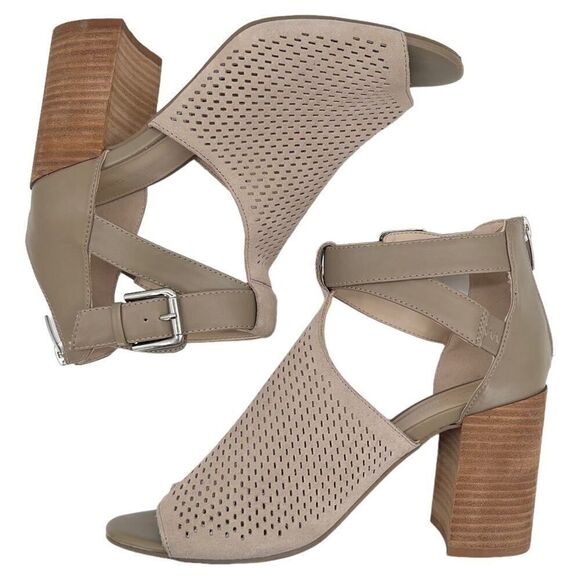 Marc Fisher Gabie Taupe Suede Leather Perforated Shootie Block Heel Sandals Sz 9 - Picture 4 of 12